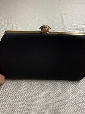 Source Unknown Black Satin Clutch with Gold Frame and Decorative Clasp